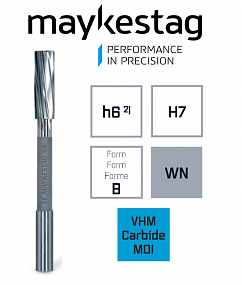 Развертка твердосплавная машинная MAYKESTAG, DIN 8093, Z=3, Ø 1.4 H7, Левая спираль 8 °,хв.-Ø, 0521000140100