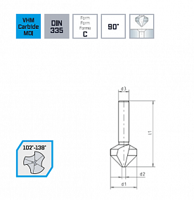 Зенкер твёрдосплавной MAYKESTAG (VHM)  90°, d 8.3 DIN 335, кромки  102°- 138°, 0653000830100