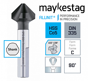 Зенкер MAYKESTAG HSSCo5%, 90°, Ø 6.3 DIN 335, Форма C, 3-гранный хв., Z=3 (102°-138°), ALUNIT, 0238700630100