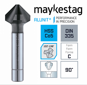 Зенкер MAYKESTAG HSSCo5%, 90°, Ø 4.3 DIN 335, Форма C, Z=3 (102°-138°), ALUNIT, 0239700430100